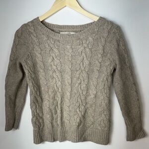 LOFT Cream Brown/Khaki Cropped Cable Knit Long Sleeve Sweater Small Pullover